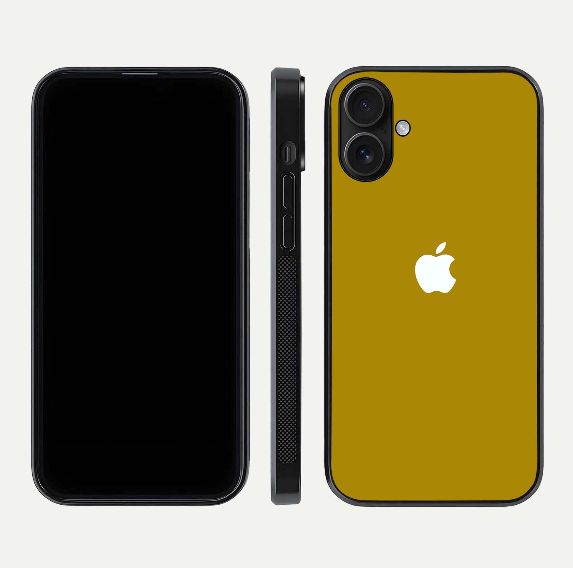 Golden Luxe Aura Glass Case for iPhone 16 front and back view layout highlighting premium tone and curved glass