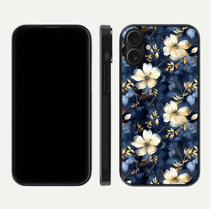 Golden Midnight Bloom Glass Case for iPhone 16 front and back view layout highlighting dark-gold tones and smooth curves