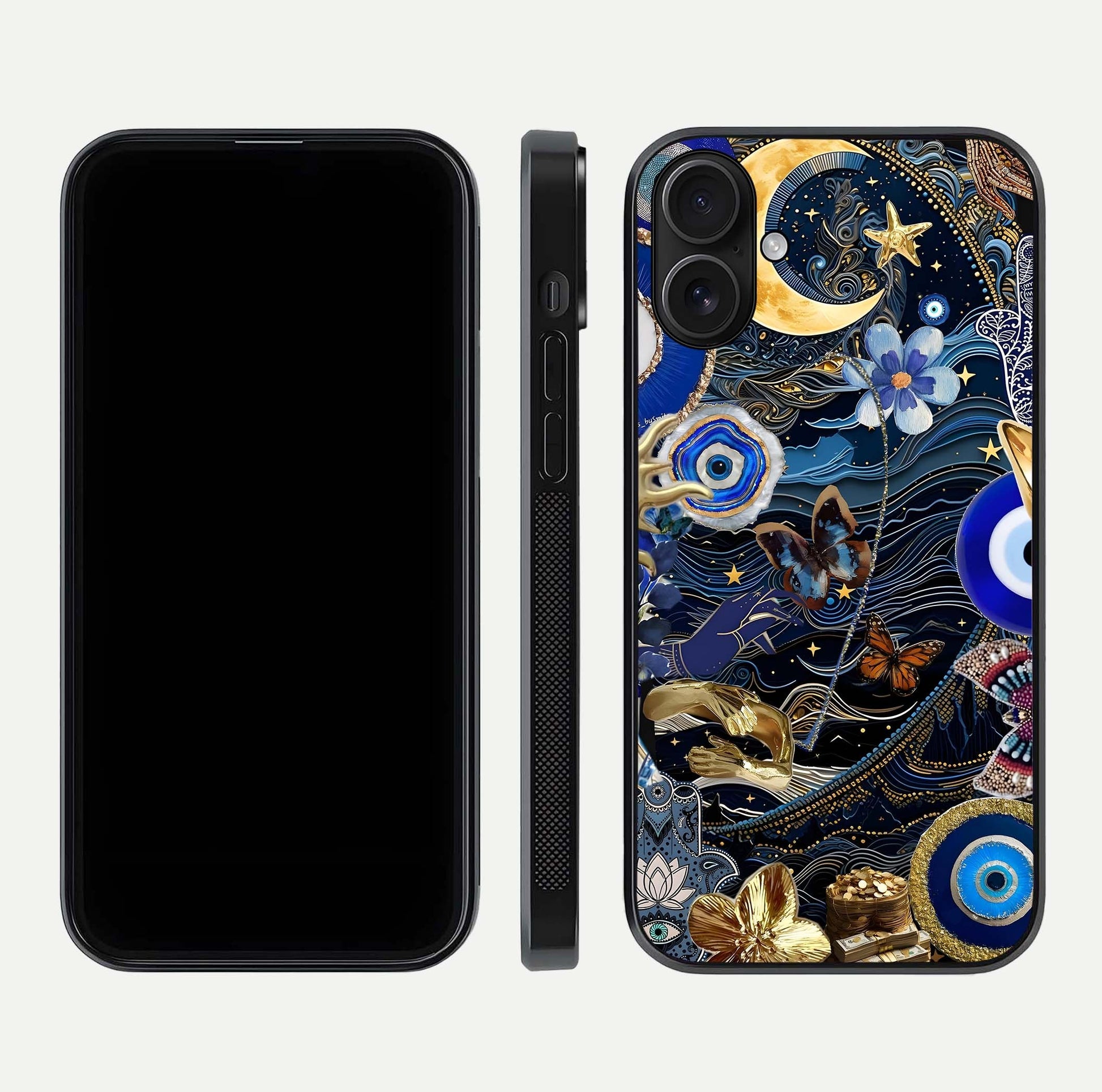 Golden Moon Magic Glass Case for iPhone 16 front and back view layout highlighting celestial tones and curved glass