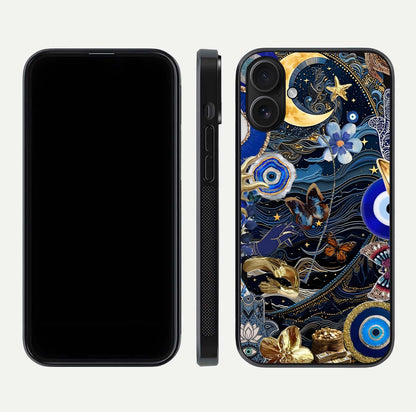 Golden Moon Magic Glass Case for iPhone 16 front and back view layout highlighting celestial tones and curved glass