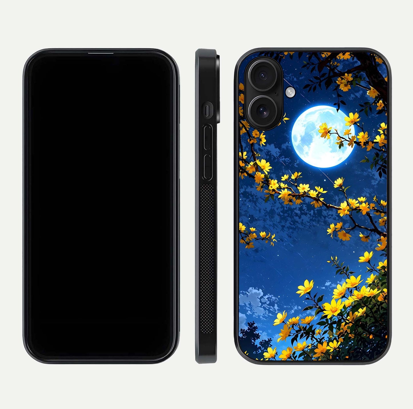 Golden Night Glow Glass Case for iPhone 16 front and back view layout displaying metallic glow and curved glass edge