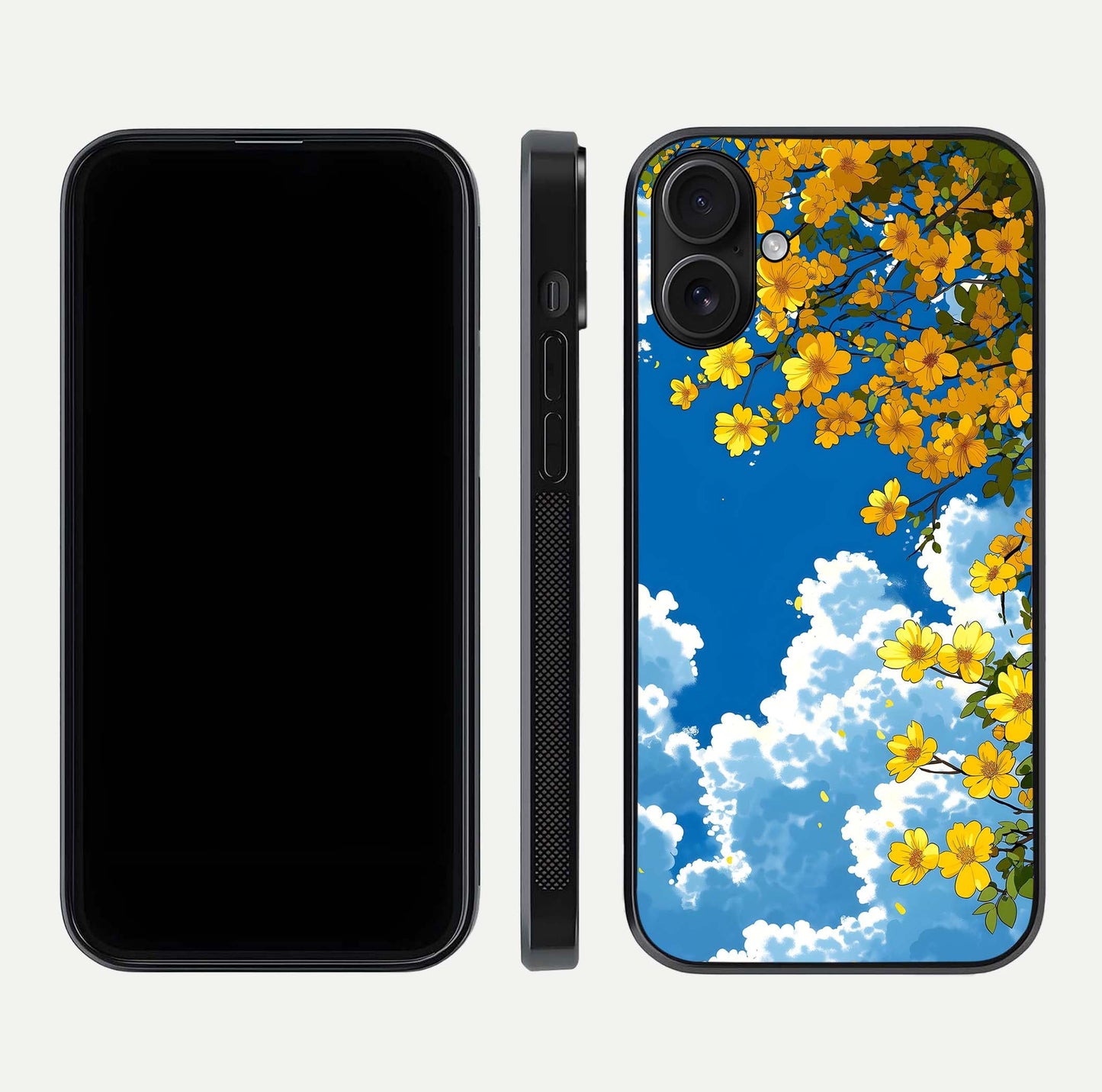 Golden Petal Sky Glass Case for iPhone 16 front and back view layout highlighting floral pattern and curved glass edges