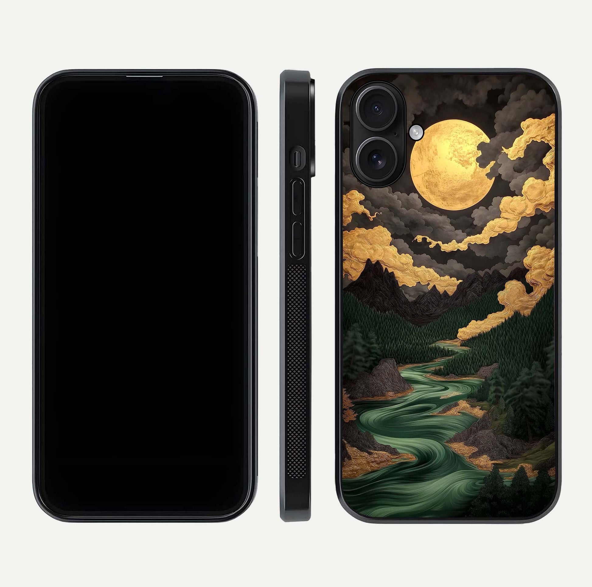 Golden River Moon Glass Case for iPhone 16 front and back view layout displaying celestial glow and smooth curves