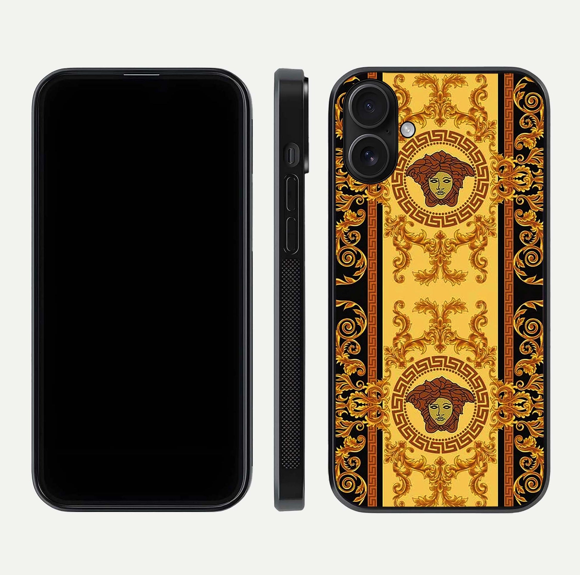 Golden Royal Heritage Glass Case for iPhone 16 front and back view layout displaying ornate gold texture and curved edges