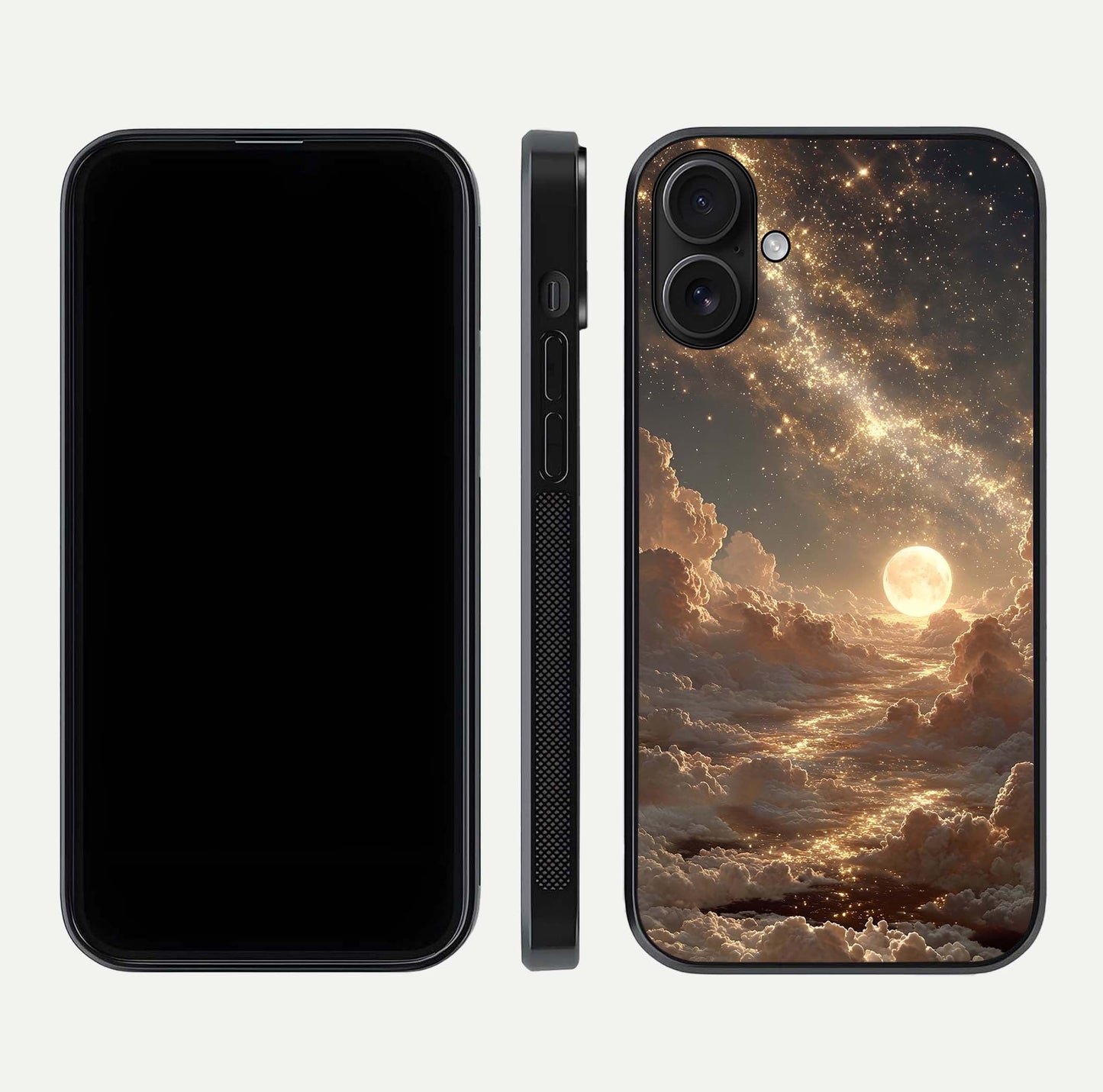 Golden Sky Dream Glass Case for iPhone 16 front and back view layout highlighting celestial gold hues and curved glass
