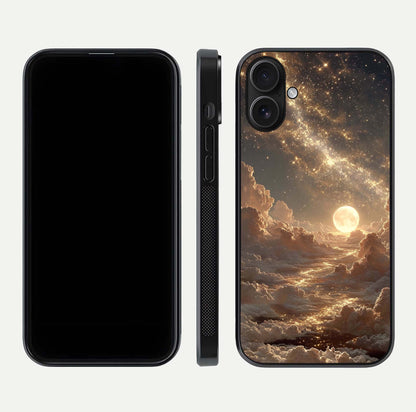 Golden Sky Dream Glass Case for iPhone 16 front and back view layout highlighting celestial gold hues and curved glass