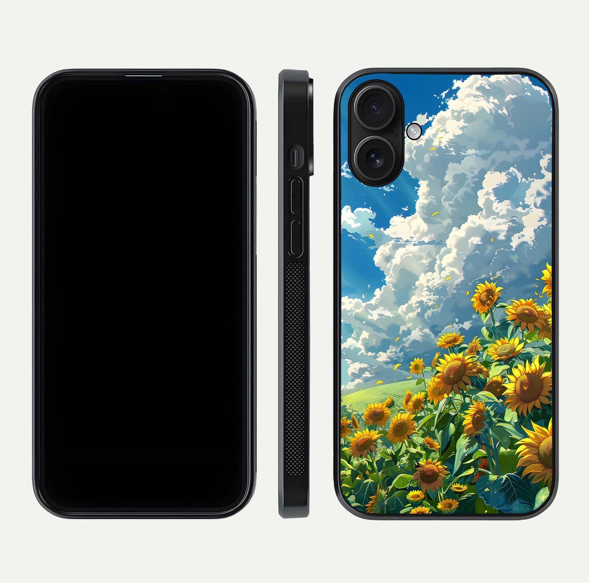 Golden Sun Glory Glass Case for iPhone 16 front and back view layout displaying bright golden tones and curved edges