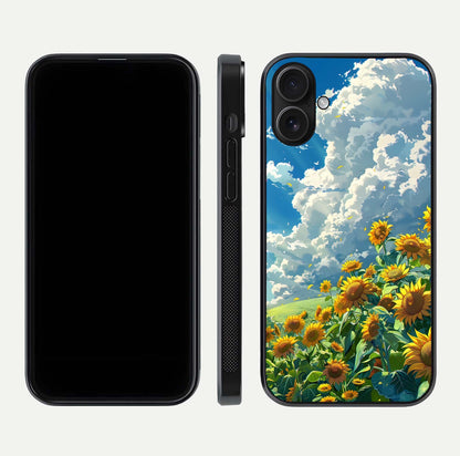 Golden Sun Glory Glass Case for iPhone 16 front and back view layout displaying bright golden tones and curved edges