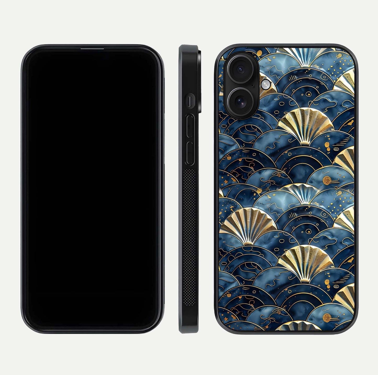 Golden Wave Luxe Glass Case for iPhone 16 front and back view layout highlighting fluid gold design and curved glass