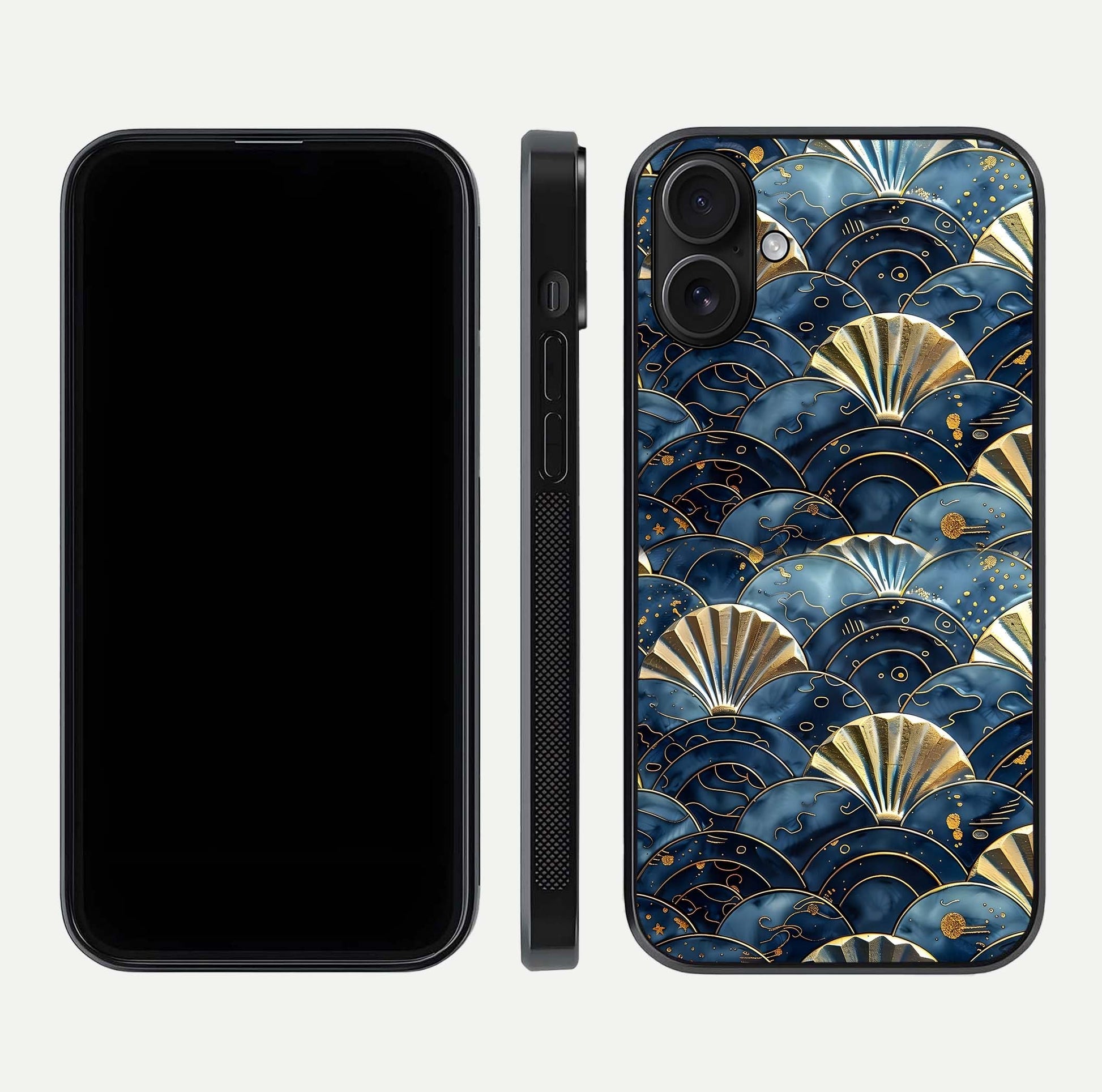Golden Wave Luxe Glass Case for iPhone 16 front and back view layout highlighting fluid gold design and curved glass