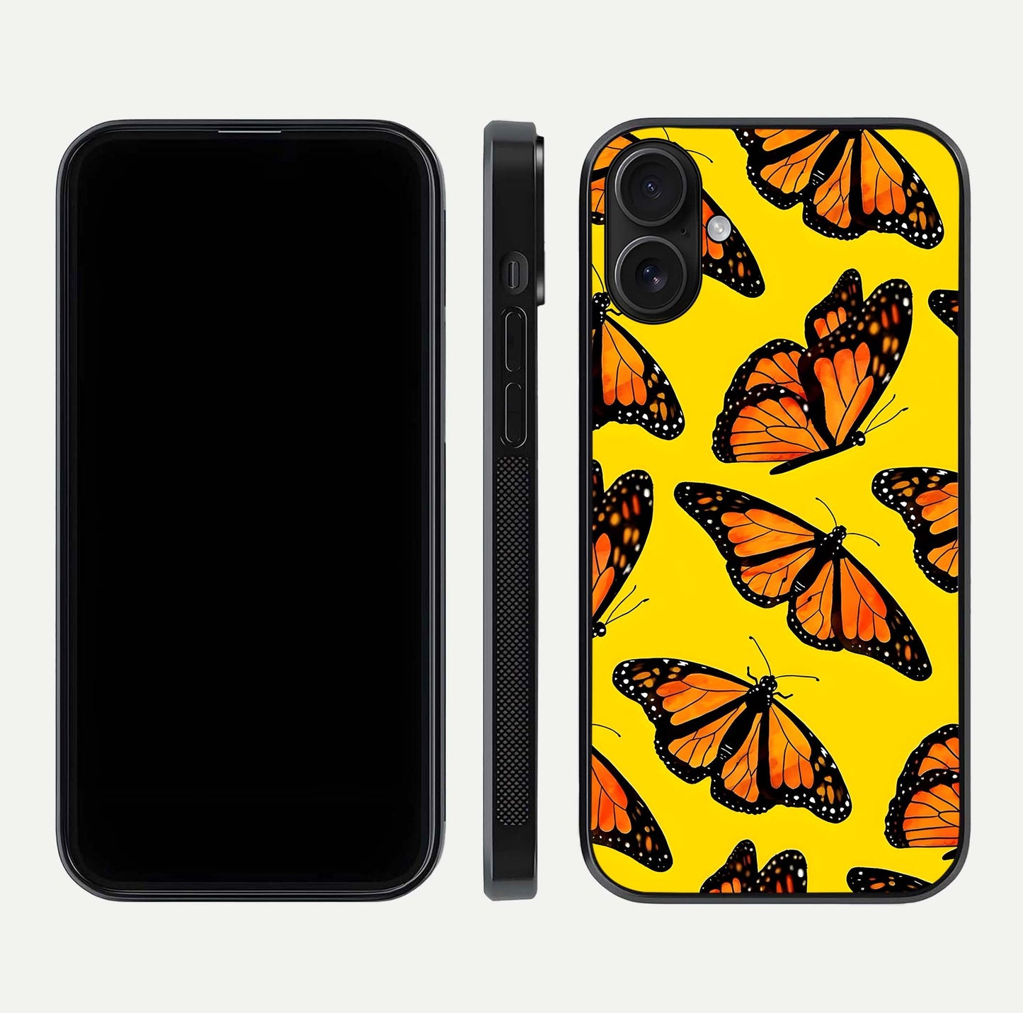 Golden Wing Flight Glass Case for iPhone 16 front and back view layout highlighting graceful lines and curved glass