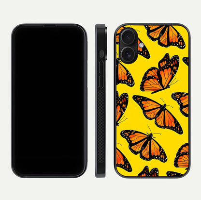 Golden Wing Flight Glass Case for iPhone 16 front and back view layout highlighting graceful lines and curved glass