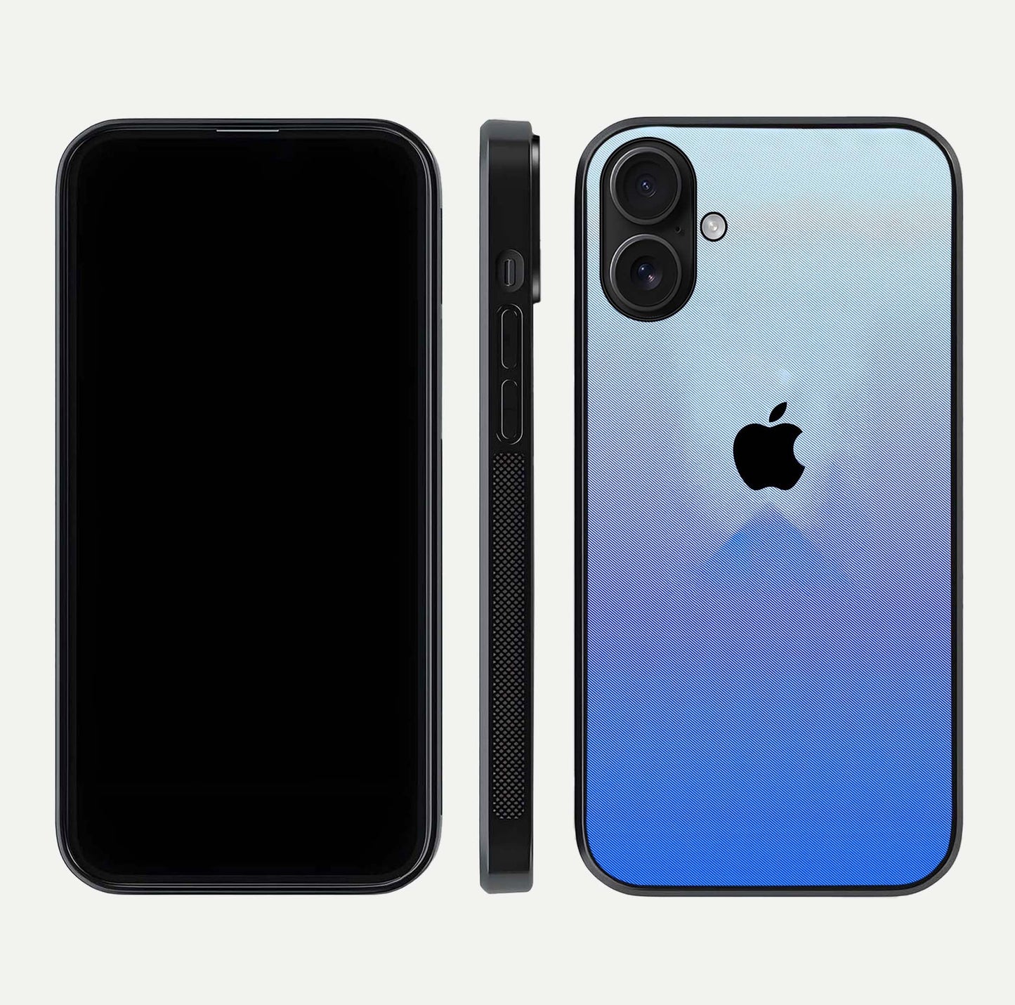 Gradient Apple Vibe Glass Case for iPhone 16 front and back view layout highlighting minimalist Apple design and curved edges