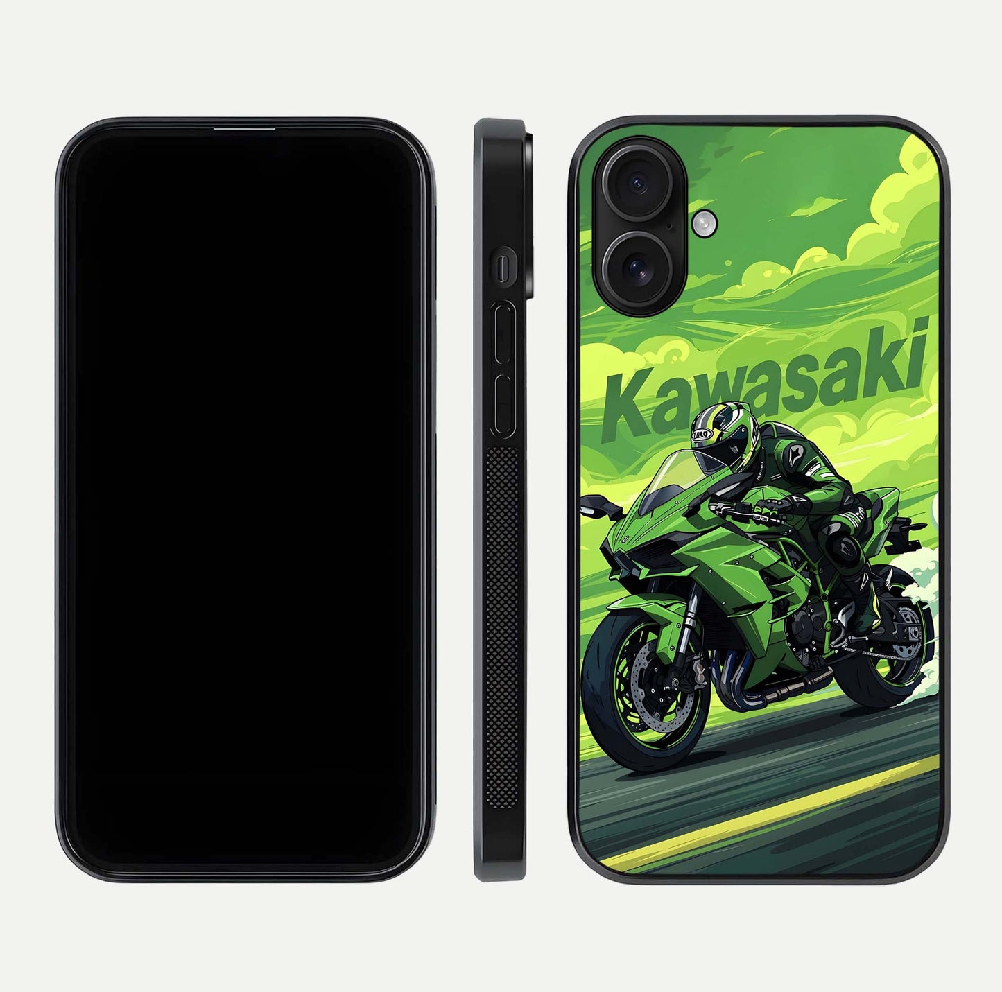Green Kawasaki Glass Case for iPhone 16 front and back view layout highlighting vivid green tones and curved glass edges