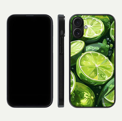 Green Lemon Glass Case for iPhone 16 front and back view layout displaying vibrant yellow-green hues and smooth edges