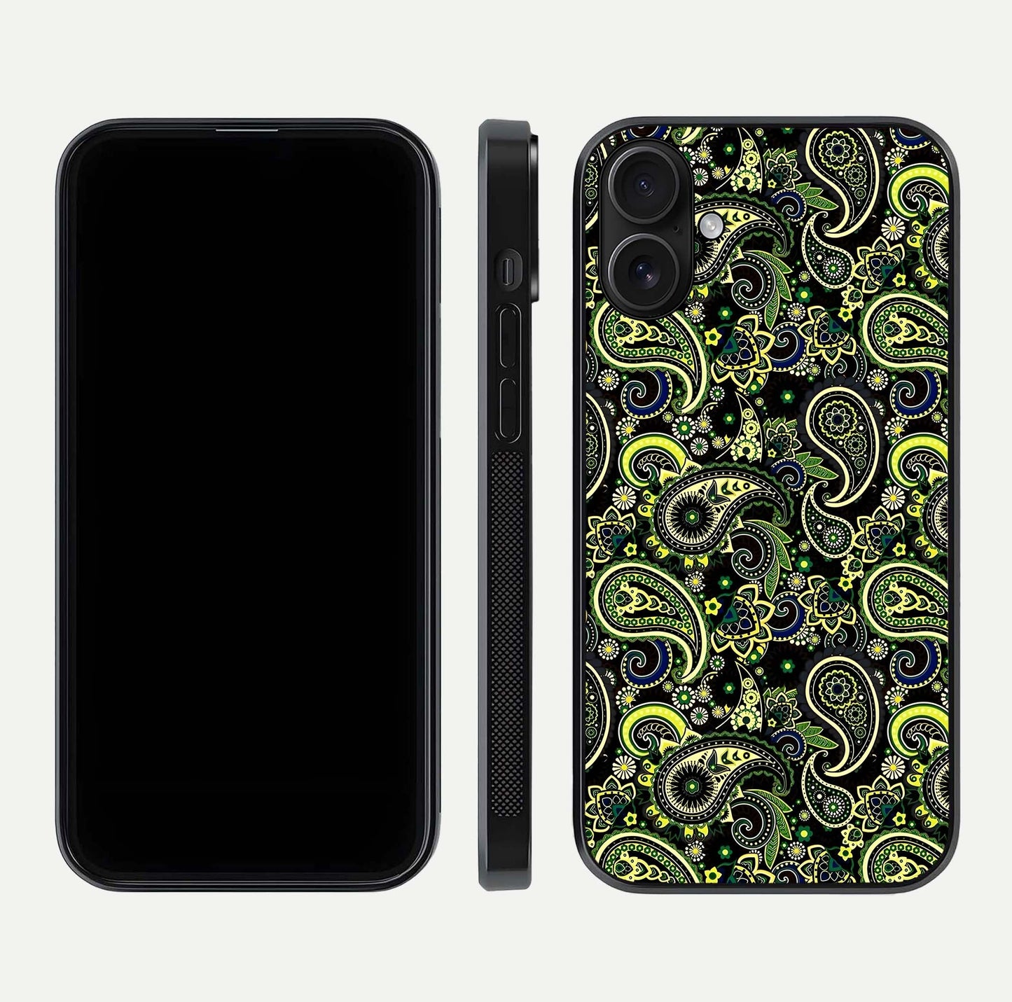 Green Mandala Pattern Glass Case for iPhone 16 front and back view layout highlighting geometric art and curved glass