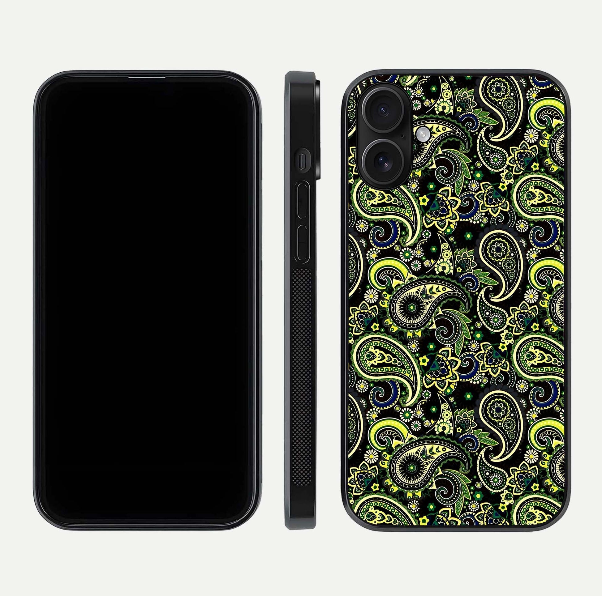 Green Mandala Pattern Glass Case for iPhone 16 front and back view layout highlighting geometric art and curved glass