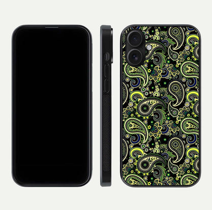 Green Mandala Pattern Glass Case for iPhone 16 front and back view layout highlighting geometric art and curved glass