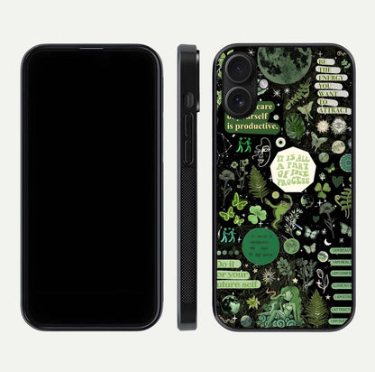 Green Moon Energy Glass Case for iPhone 16 front and back view layout highlighting cosmic tones and smooth edges