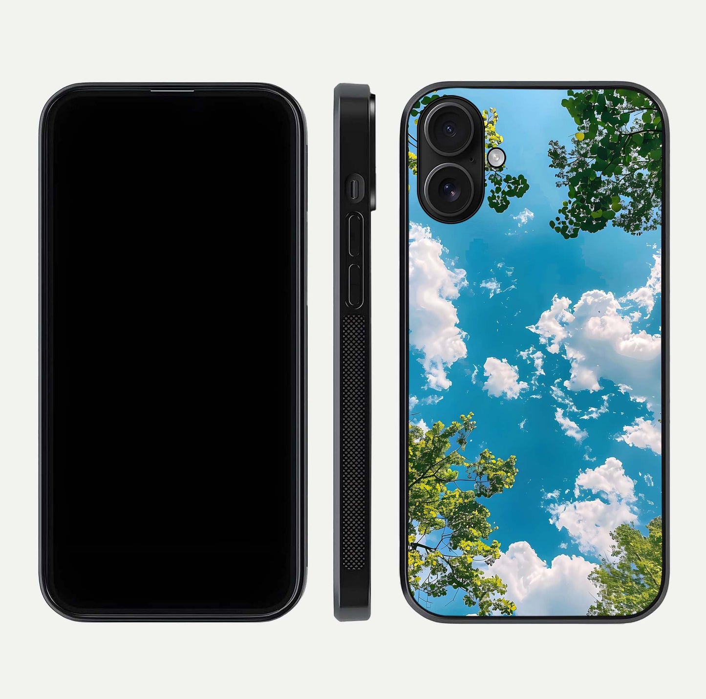 Greenery Sky Glass Case for iPhone 16 front and back view layout displaying scenic green-blue gradient and curved edges