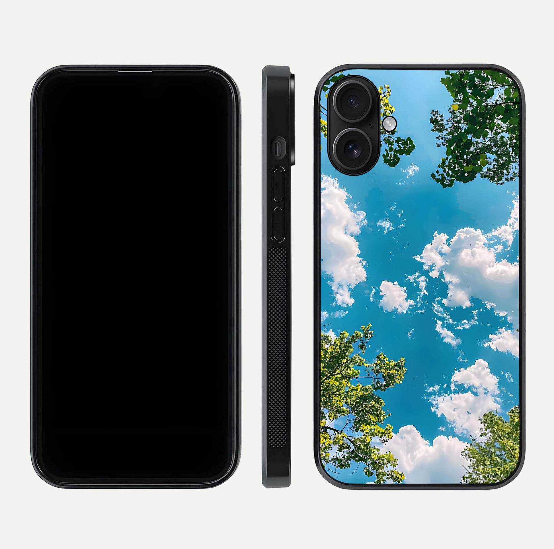 Greenery Sky Glass Case for iPhone 16 front and back view layout displaying scenic green-blue gradient and curved edges