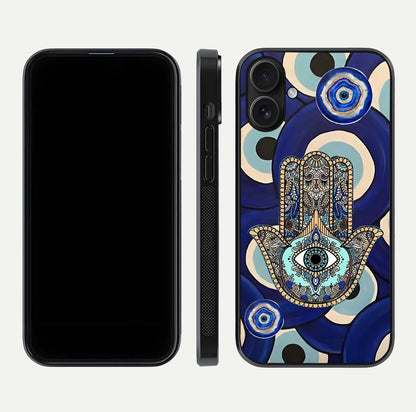Hamsa Divine Guard Glass Case for iPhone 16 front and back view layout highlighting spiritual artwork and smooth edges