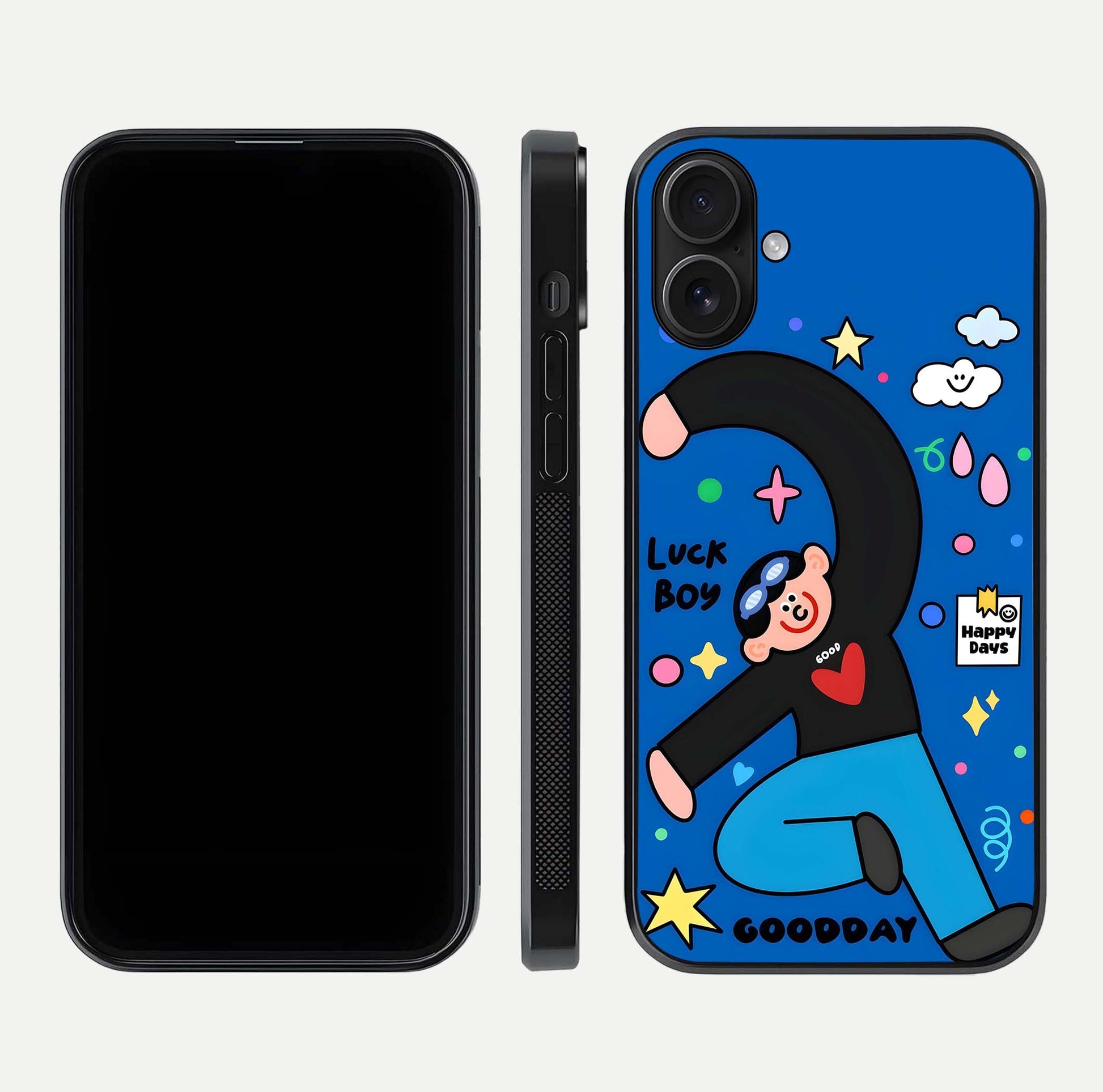 Happy Luck Vibe Glass Case for iPhone 16 front and back view layout highlighting positive motif and curved edges