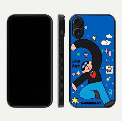 Happy Luck Vibe Glass Case for iPhone 16 front and back view layout highlighting positive motif and curved edges