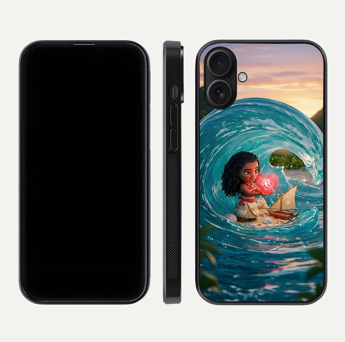 Heart of Ocean Glass Case for iPhone 16 front and back view layout highlighting sea-themed art and curved glass edges