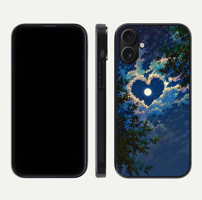Heart with Moon Sky Glass Case for iPhone 16 front and back view layout displaying celestial tones and curved glass