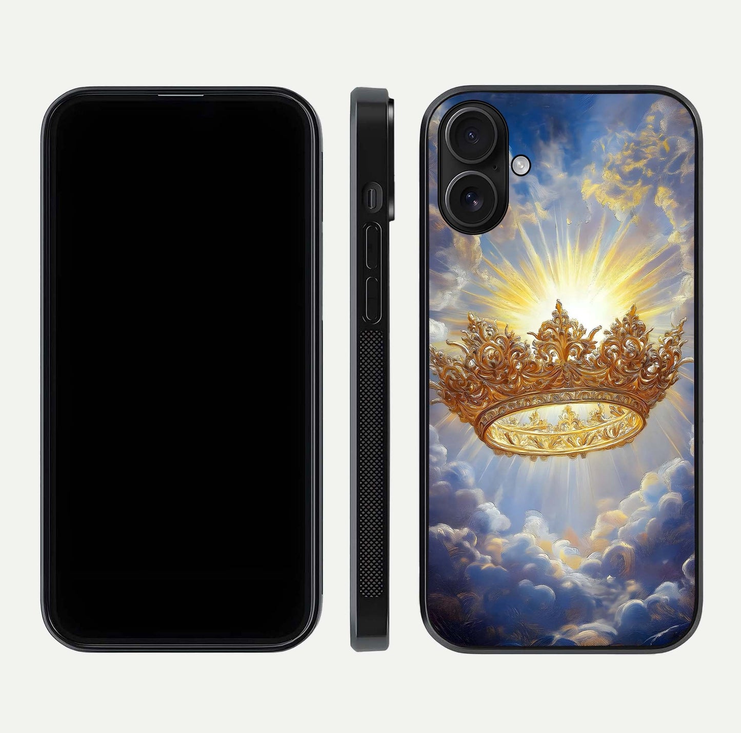 Heavenly Crown Light Glass Case for iPhone 16 front and back view layout highlighting golden aura tones and curved glass edges