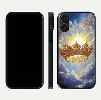 Heavenly Crown Light Glass Case for iPhone 16 front and back view layout highlighting golden aura tones and curved glass edges