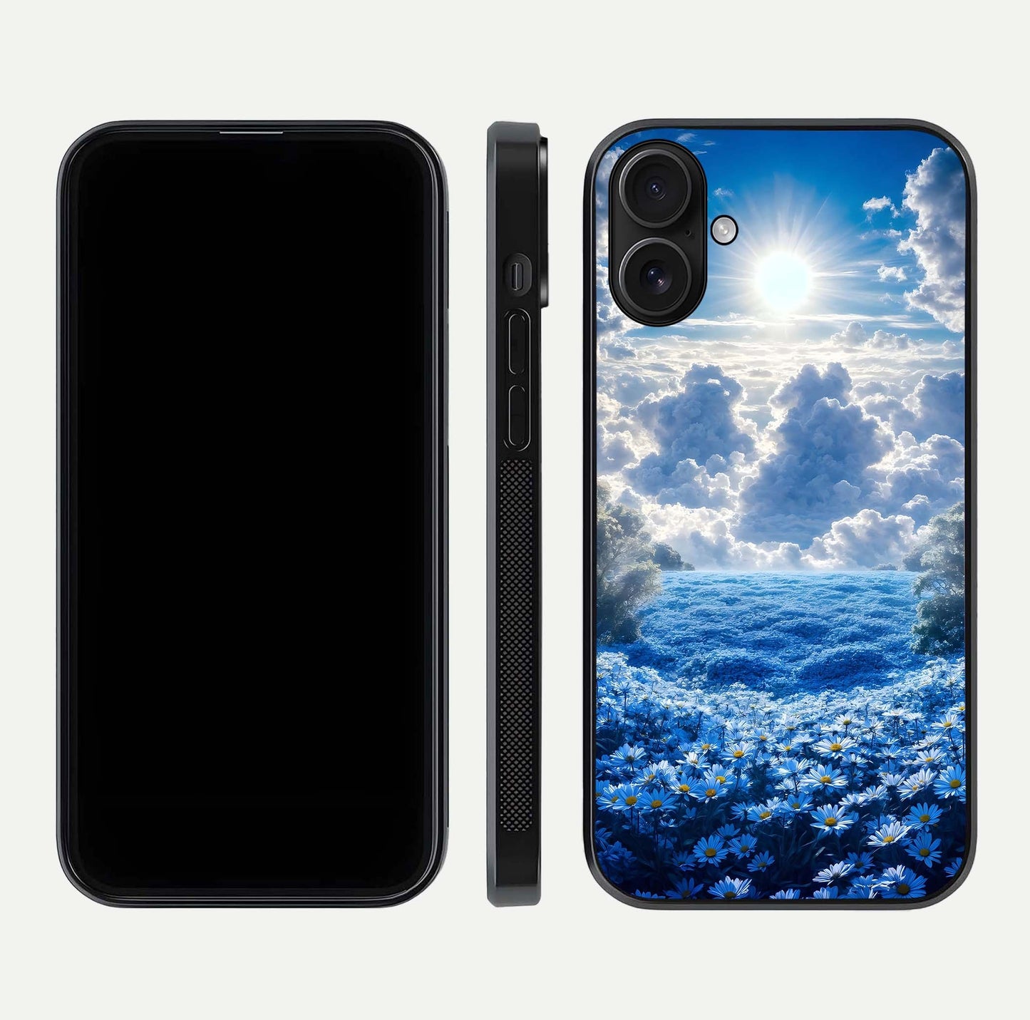 Heavenly Daisy Horizon Glass Case for iPhone 16 front and back view layout highlighting floral field tones and curved edges