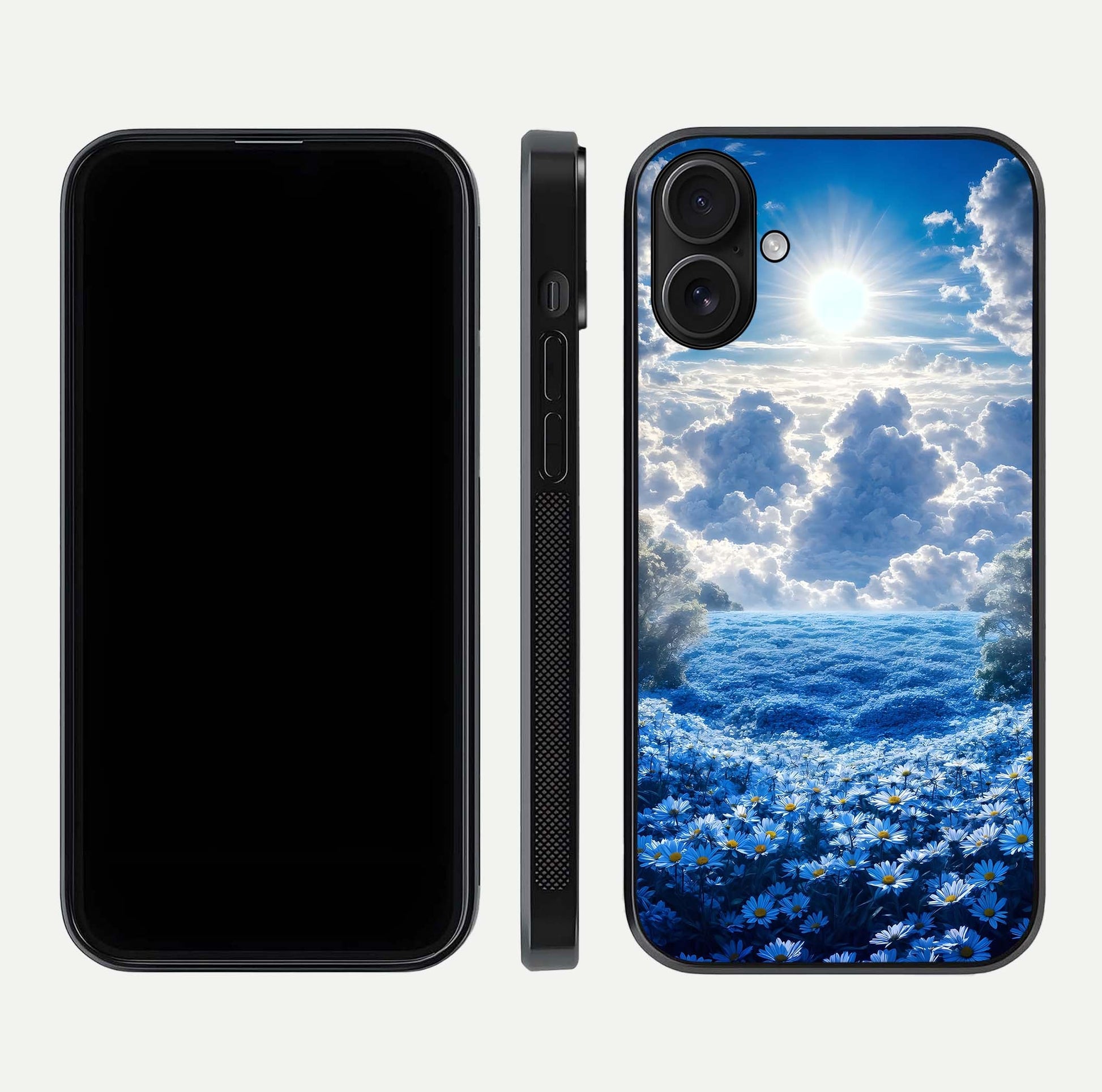 Heavenly Daisy Horizon Glass Case for iPhone 16 front and back view layout highlighting floral field tones and curved edges