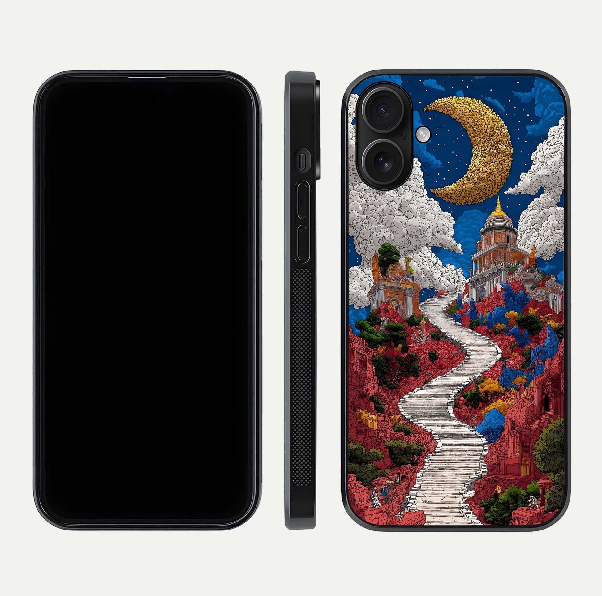 Heavenly Moon Path Glass Case for iPhone 16 front and back view layout displaying night sky tones and curved glass edges