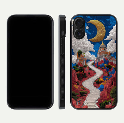 Heavenly Moon Path Glass Case for iPhone 16 front and back view layout displaying night sky tones and curved glass edges