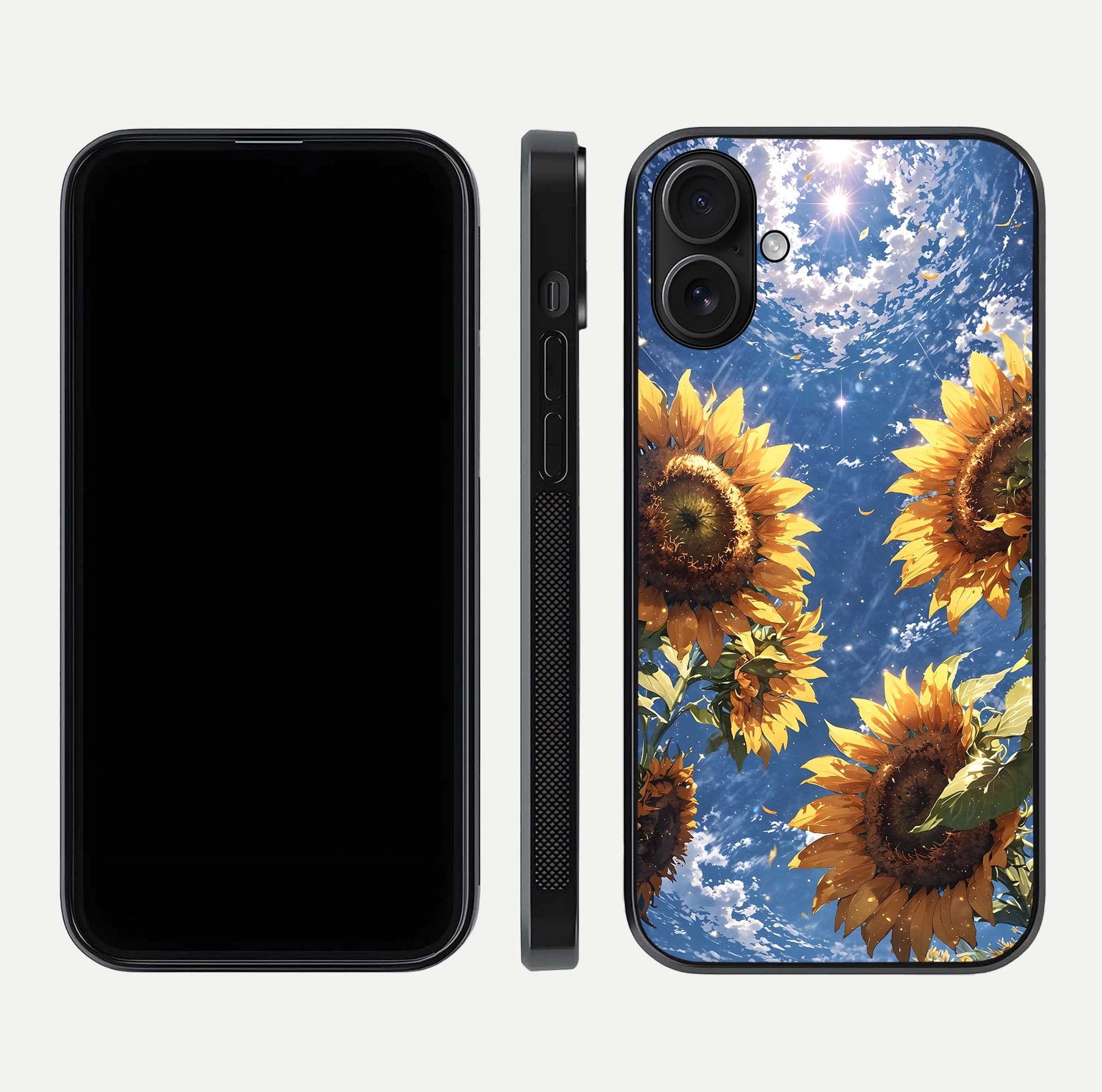 Heavenly Sunflower Rise Glass Case for iPhone 16 front and back view layout highlighting golden floral tones and curved edges