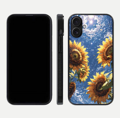 Heavenly Sunflower Rise Glass Case for iPhone 16 front and back view layout highlighting golden floral tones and curved edges