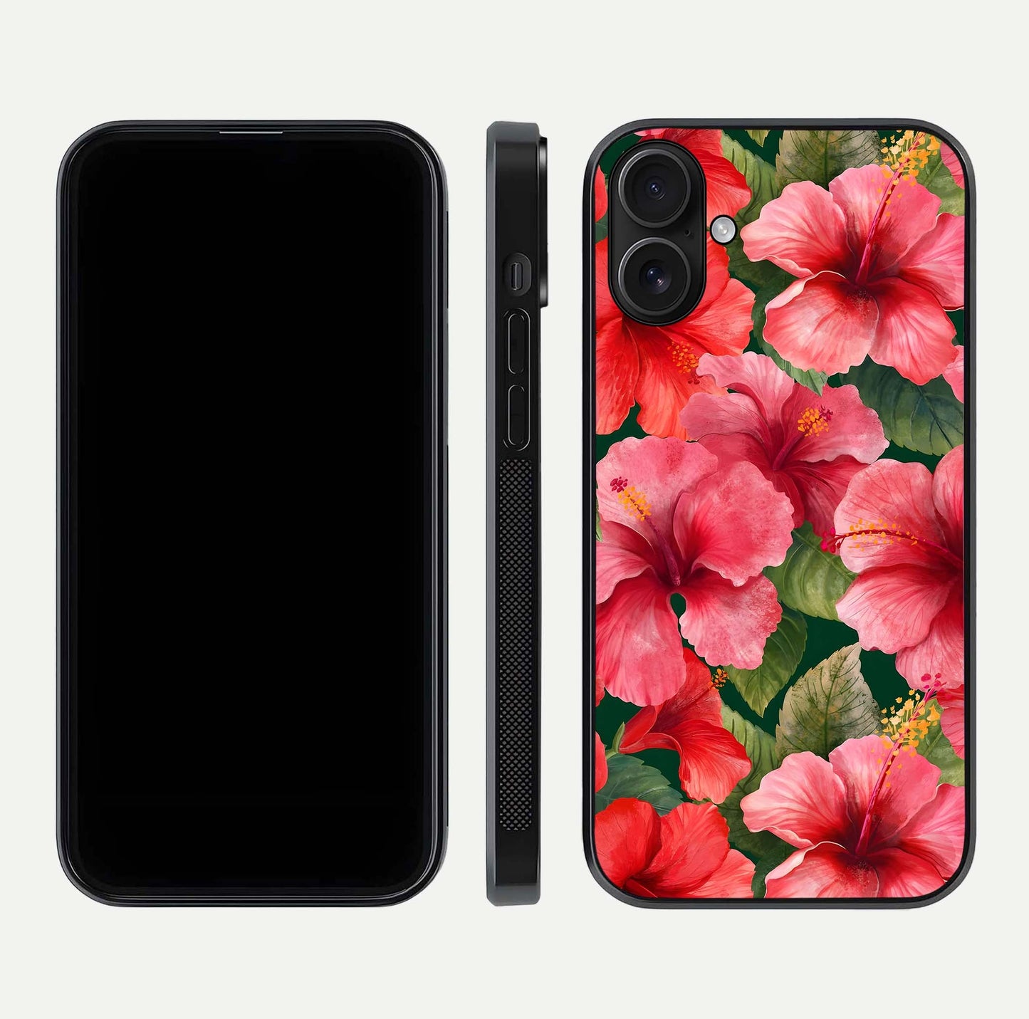 Hibiscus Pattern Glass Case for iPhone 16 front and back view layout highlighting tropical design and curved glass edges