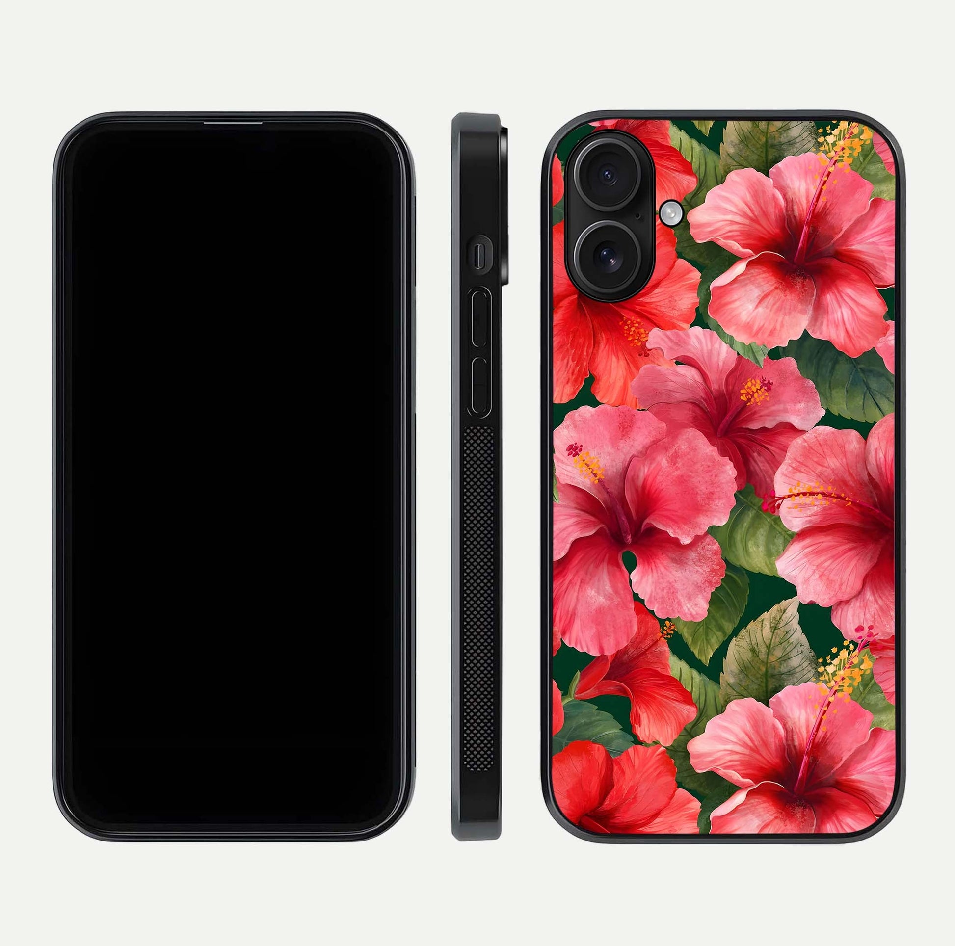 Hibiscus Pattern Glass Case for iPhone 16 front and back view layout highlighting tropical design and curved glass edges