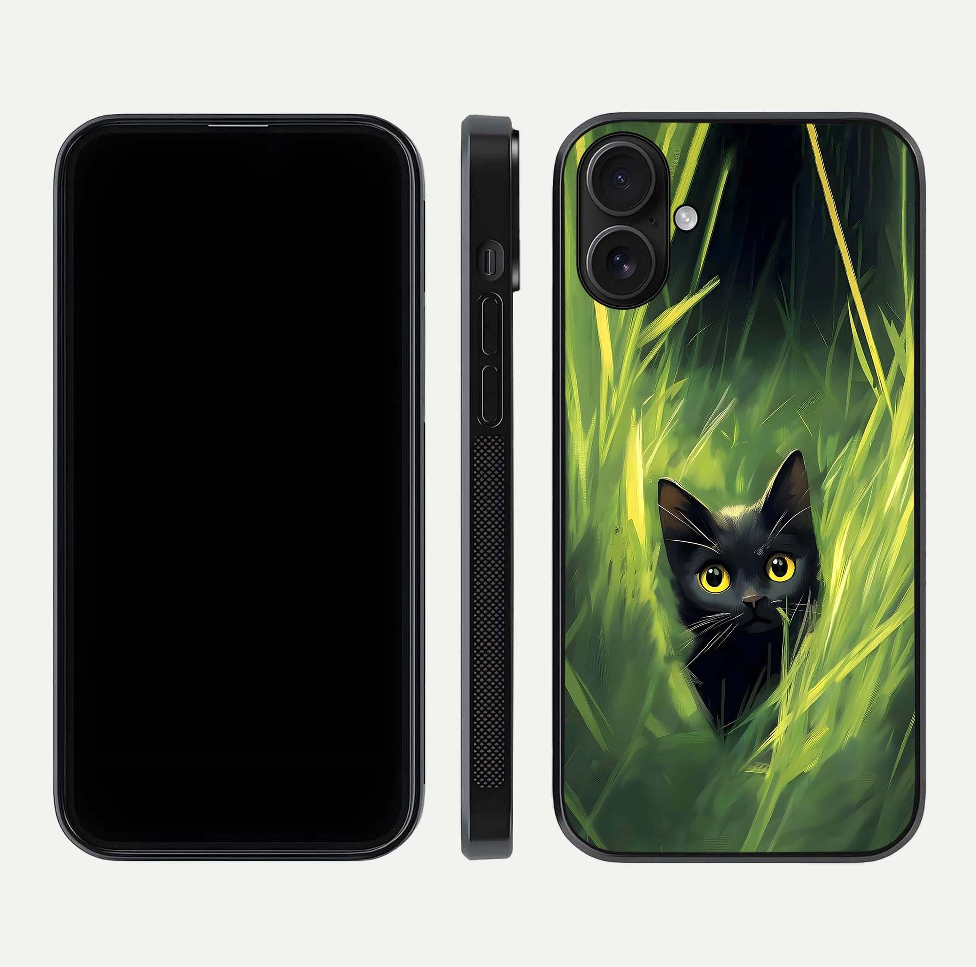 Hidden Cat Whisper Glass Case for iPhone 16 front and back view layout highlighting minimalist art and curved edges