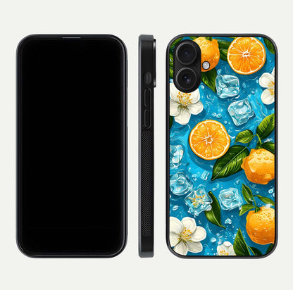 Ice Cube With Orange Glass Case for iPhone 16 front and back view layout highlighting fresh orange tones and curved edges