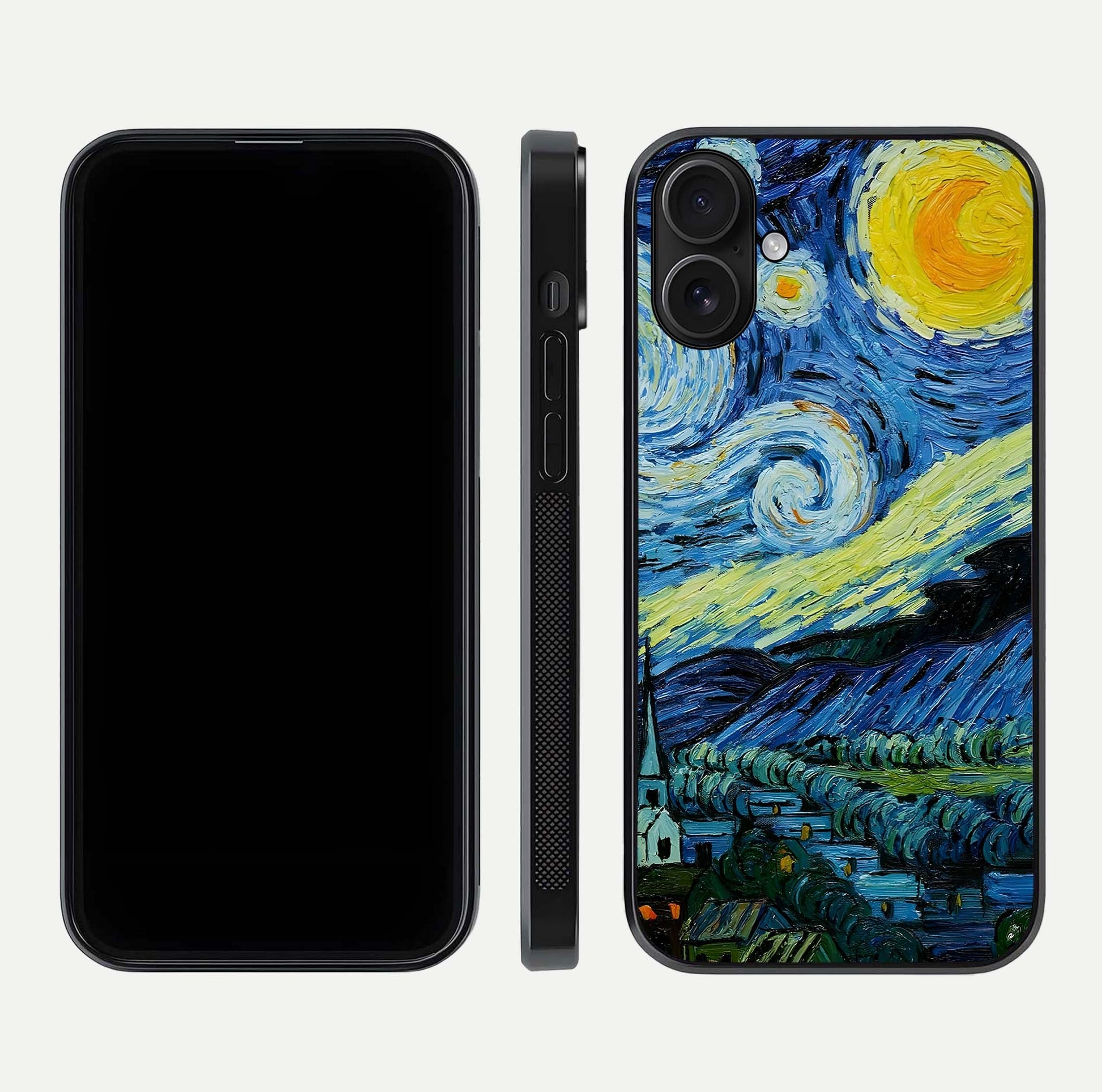 Inspired Van Gogh Art Glass Case for iPhone 16 front and back view layout displaying vivid color tones and curved glass edges