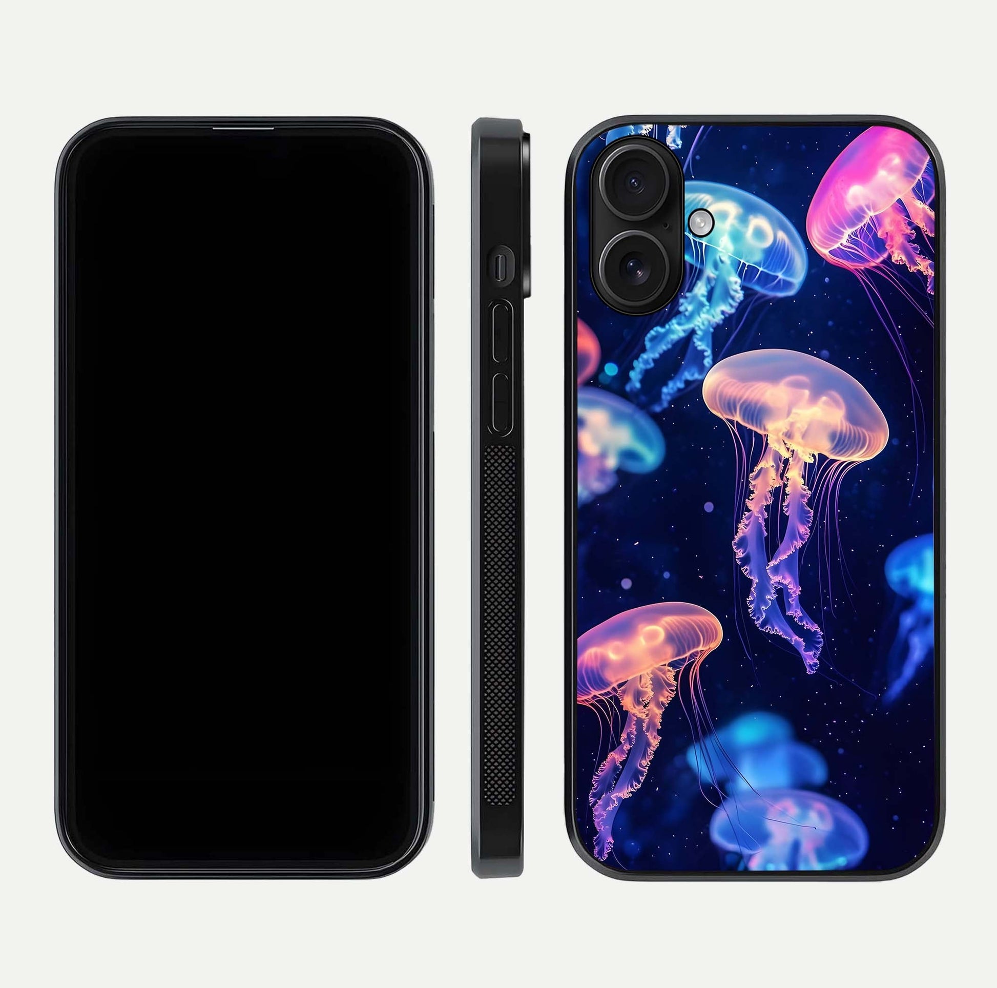 Jellyfish Pattern Glass Case for iPhone 16 front and back view layout highlighting aquatic tones and curved edges