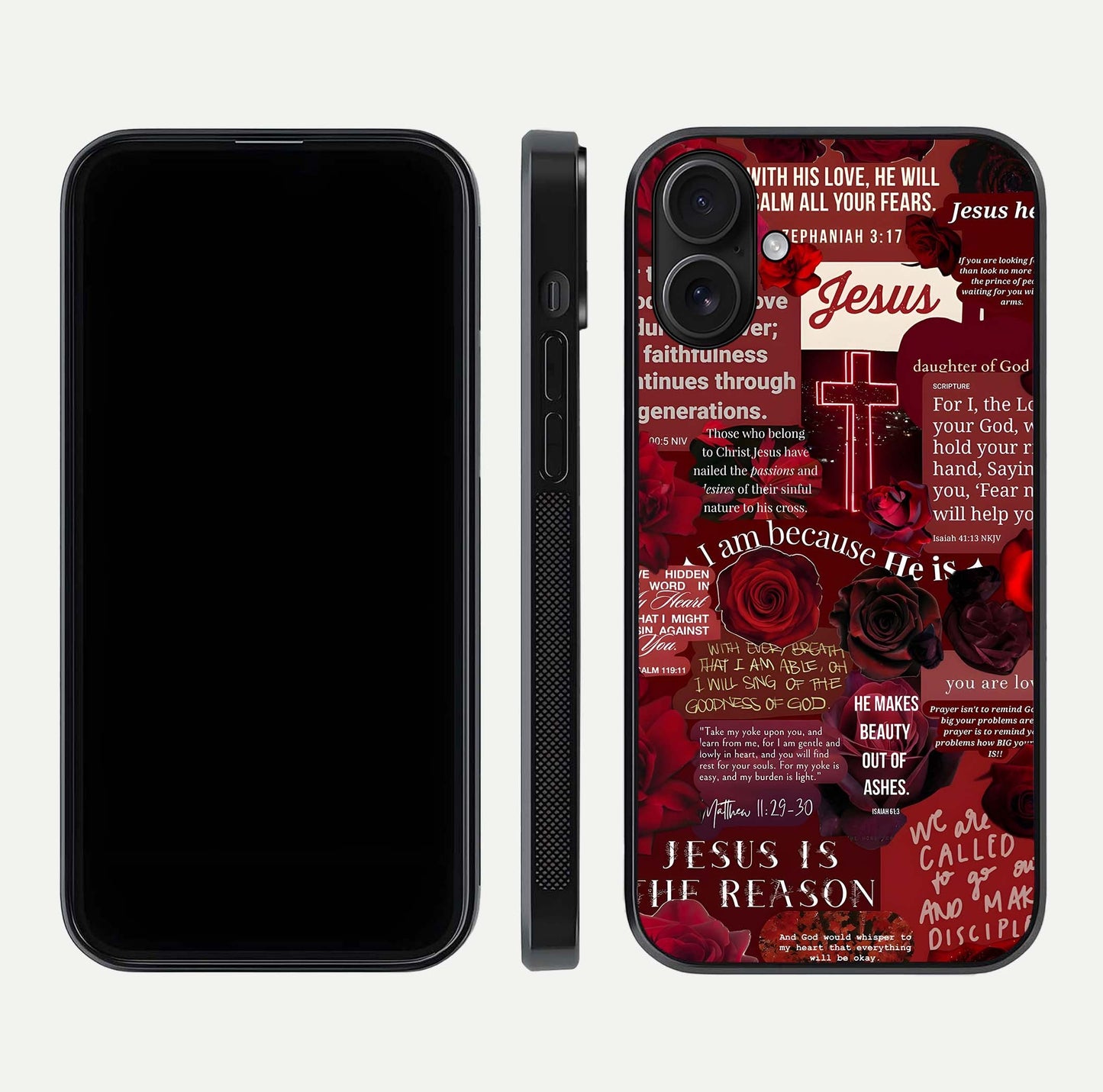 Jesus Love Heals Glass Case for iPhone 16 front and back view layout with elegant typography and smooth edges