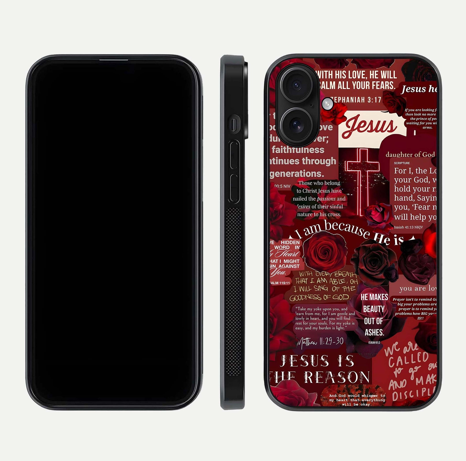 Jesus Love Heals Glass Case for iPhone 16 front and back view layout with elegant typography and smooth edges