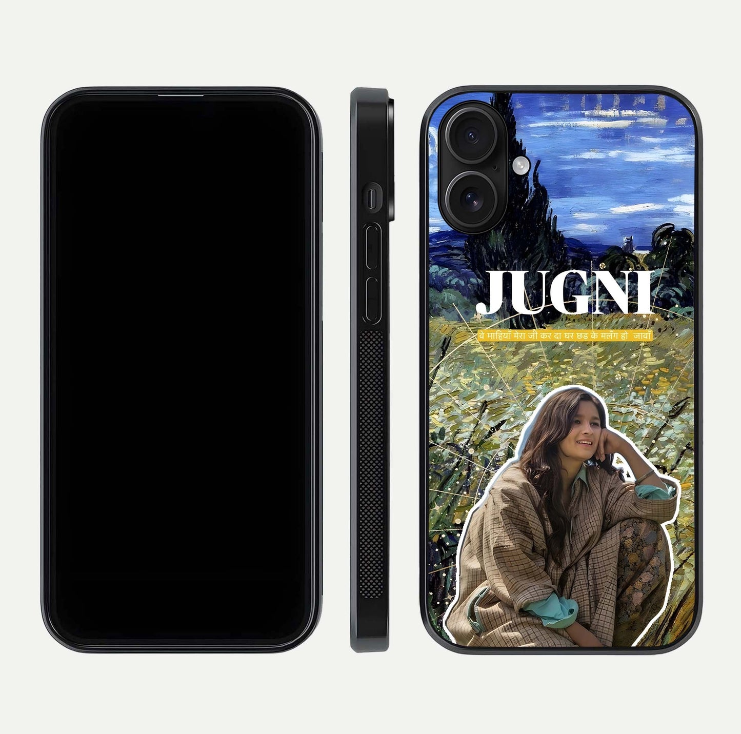 Jugni Soul Vibes Glass Case for iPhone 16 front and back view layout highlighting desi art and curved glass edges