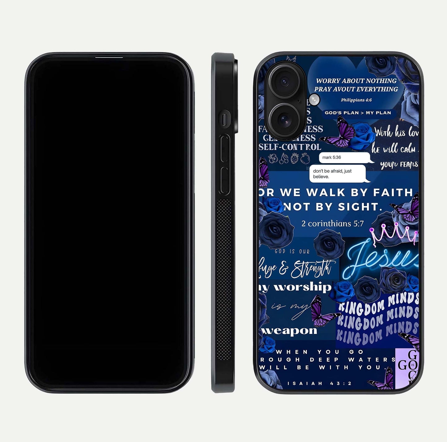 Kingdom Faith Glow Glass Case for iPhone 16 front and back view layout highlighting radiant spiritual design
