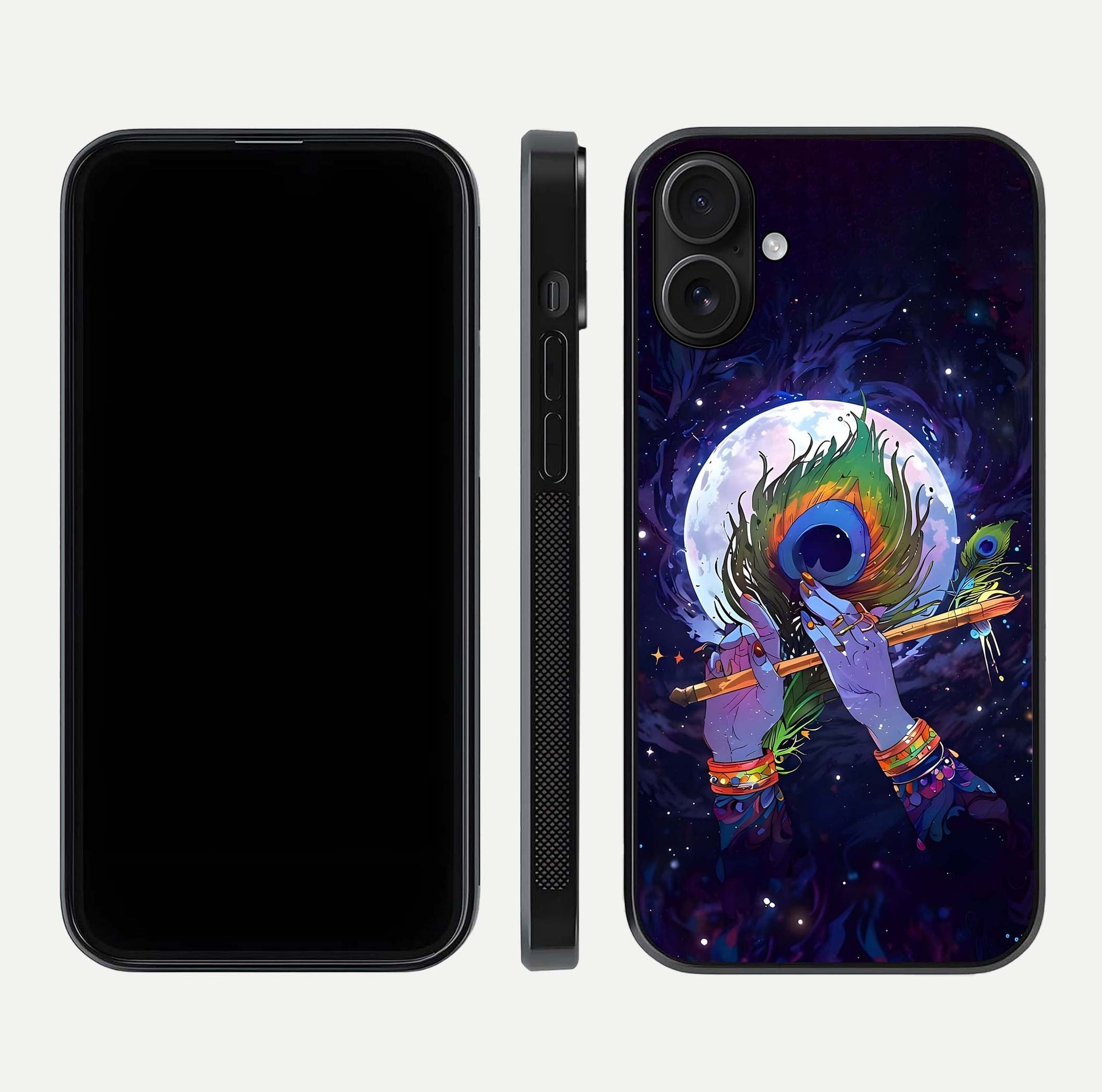 Krishna Hands Art Glass Case for iPhone 16 front and back view layout displaying soft edges and spiritual tones