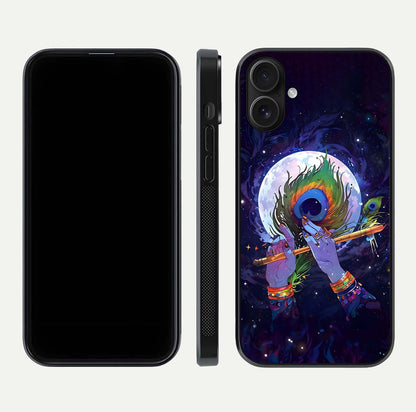 Krishna Hands Art Glass Case for iPhone 16 front and back view layout displaying soft edges and spiritual tones